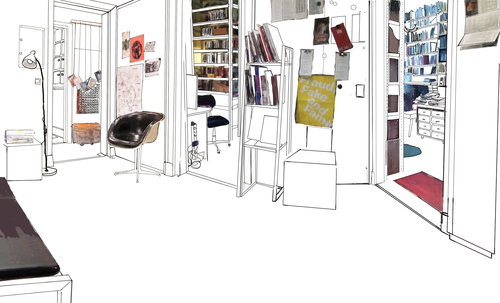 Skizze eines Raumes, es sind drei Eingänge zu weiteren Archivräumen zu sehen, im Hintergrund Regale mit Büchern